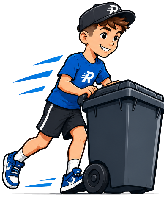 Saw, the Rollout mascot, rolling a trash bin down the sidewalk
